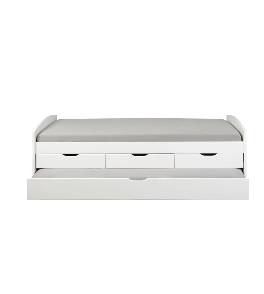 LETTO SINGOLO CON 3 CASSETTI E LETTO ESTRAIBILE IN PINO BIANCO 90X200 CM